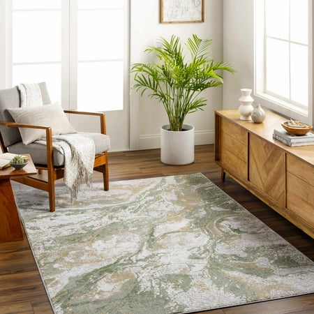 Hauteloom Liverpool Collection Modern Abstract Contemporary Area Rug 7 ft 10 in.  x 10 ft.  - Green /Brown  Cream