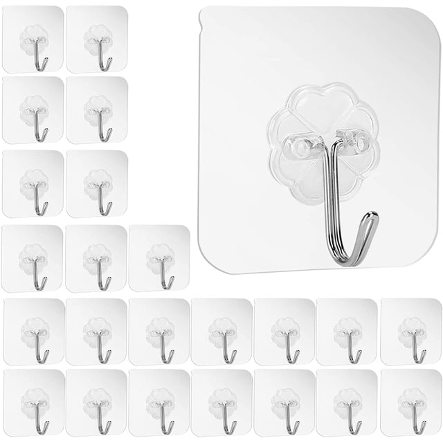 Paquete de 24 ganchos adhesivos sin clavos, ganchos de pared de 6 kg (máx.), ganchos transparentes reutilizables sin costuras, impermeables y a prueba de aceite, toalla de cocina para baño