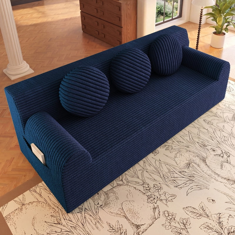 PORKISS 71 Inch Blue Corduroy Couch, Boneless Cloud Couch, No Assembly Floor Sofa with 3 Round Pillows, Comfy 3 Seater Sofa Couch for Living Room, Apartment, Bedroom, Small Space