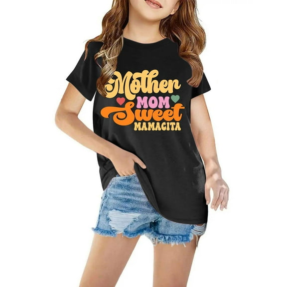 AJTQTH Letter Print Novelty T-shirt for Girls Boys Kids Motherhood Celebration Clothes Mother's Day Gift Summer Unisex Short Sleeve Round Neck Tops Tees Shirt Blouse Black 7 Years