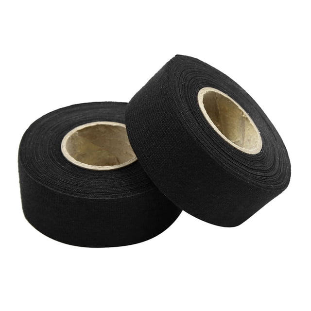 2pcs cinta telar de arnés paño adhesivo negro de cable de coche de 32mmx15m rollos: dos rollos en vista 3/4, cinta negra de tela tejida con núcleo de cartón, ancho aprox. 32 mm (1,26") y largo 15 m por rollo; reproduce un efecto de amortiguación del ruido, resistencia a temperaturas y desgaste, mano desgarrable y alta flexibilidad; a menudo se usa para organizar y proteger arneses de cableado en automóviles.