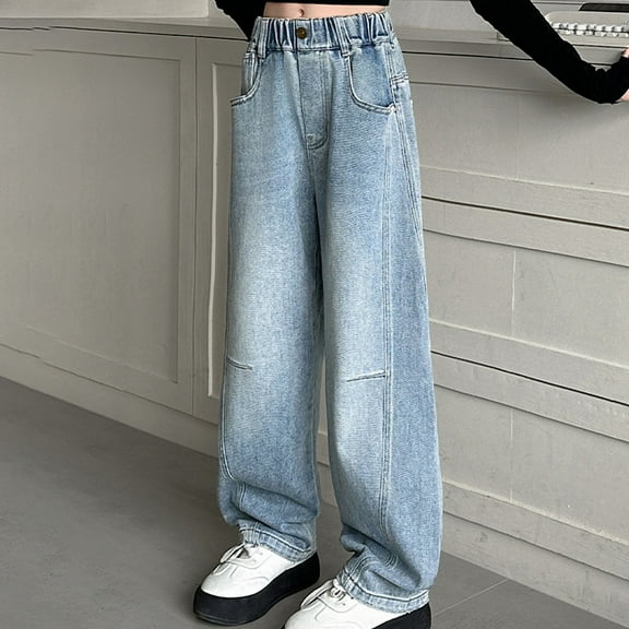 Kids Girls Jeans Stretch Elastic Waist Wide Leg Baggy Pants Cargo Jogger Pants for Girls Parachute Pants 14-15 Years