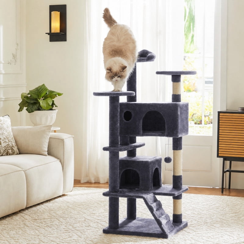 Kelno 54" Cat Tree Tower Durable Cat Climbing Tower with Sisal Scratching Posts Cozy Condo Hammock and Platforms, Dark Gray