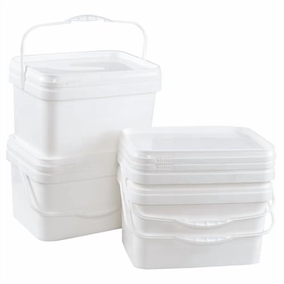 Kekow 4 Pack 3 Gallon Rectangle Plastic Bucket with Lid, Square Utility Food Bucket Pail with Lid and Handle, White