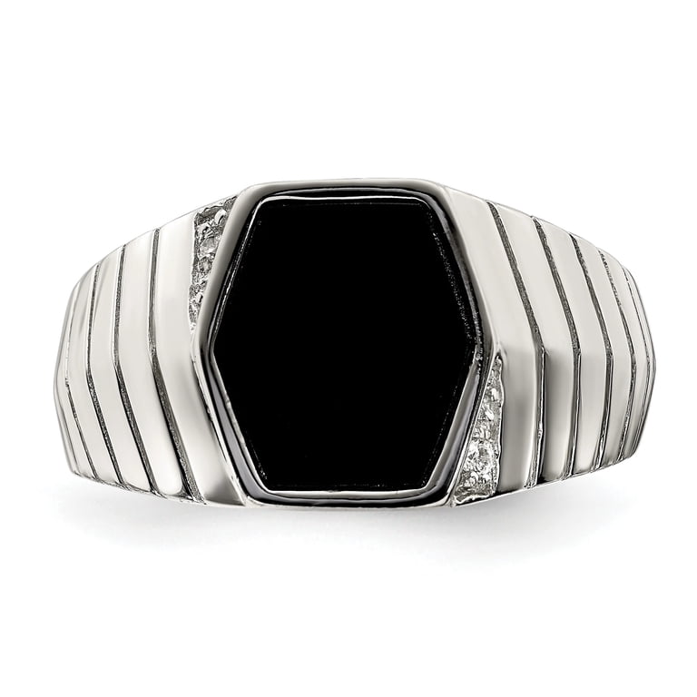 925 Sterling Silver Simulated Onyx Men's Ring - 4.25mm Wide, Textured Polished Band