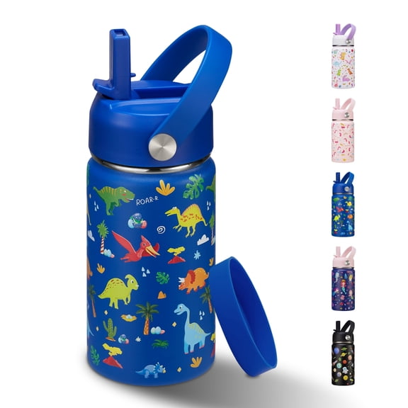 Stainless Steel 12oz Kids Water Bottle with Straw, BPA-Free Insulated Water Bottle for School, Dinosaur Simple Gift for Boy Girl