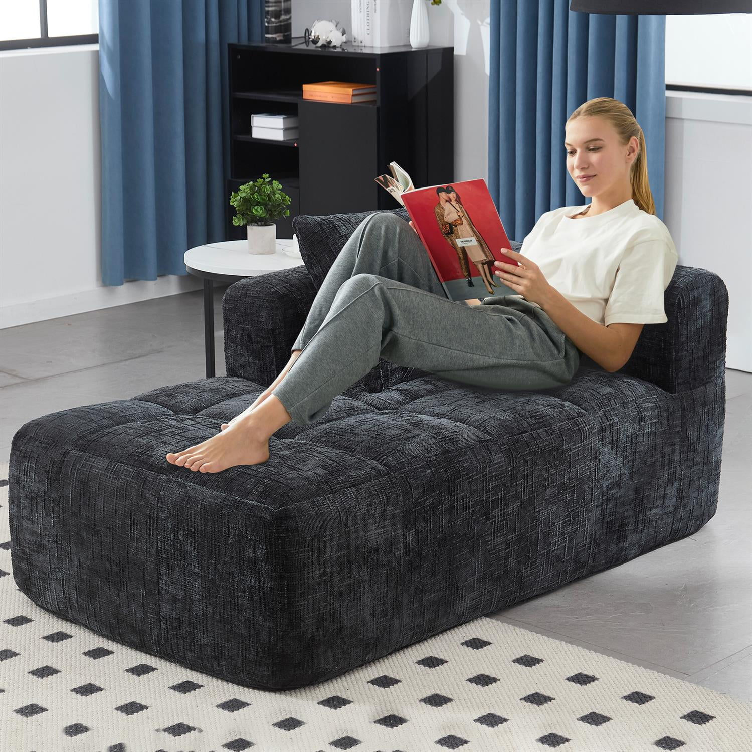 Demi Bonn 62" Plush Chenille Loveseat Sofa, Modular Sleeper for Living Room, Bedroom, Apartment Lounge, Stylish & Comfortable Couch, Black