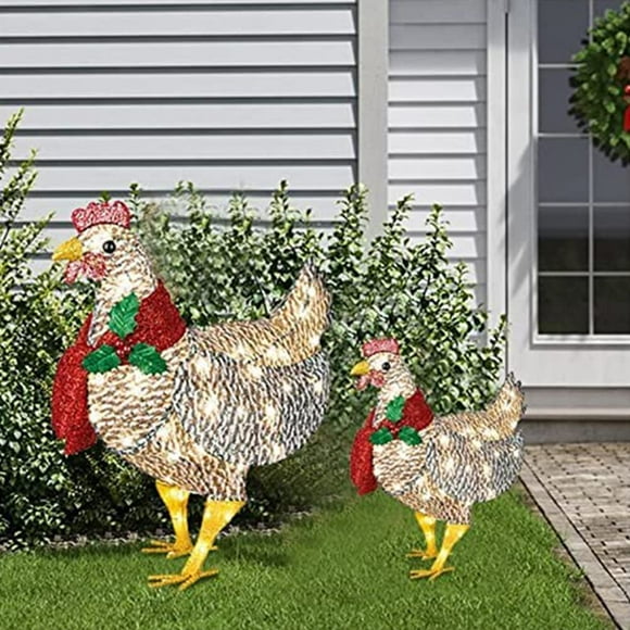 2 pcs Illumination Poulet avec Écharpe, Décoration de Vacances Fer Ornement Corroyé Lumière Xmas Yard Art Ambiance de Noël Decoration-M-20 * 30CM