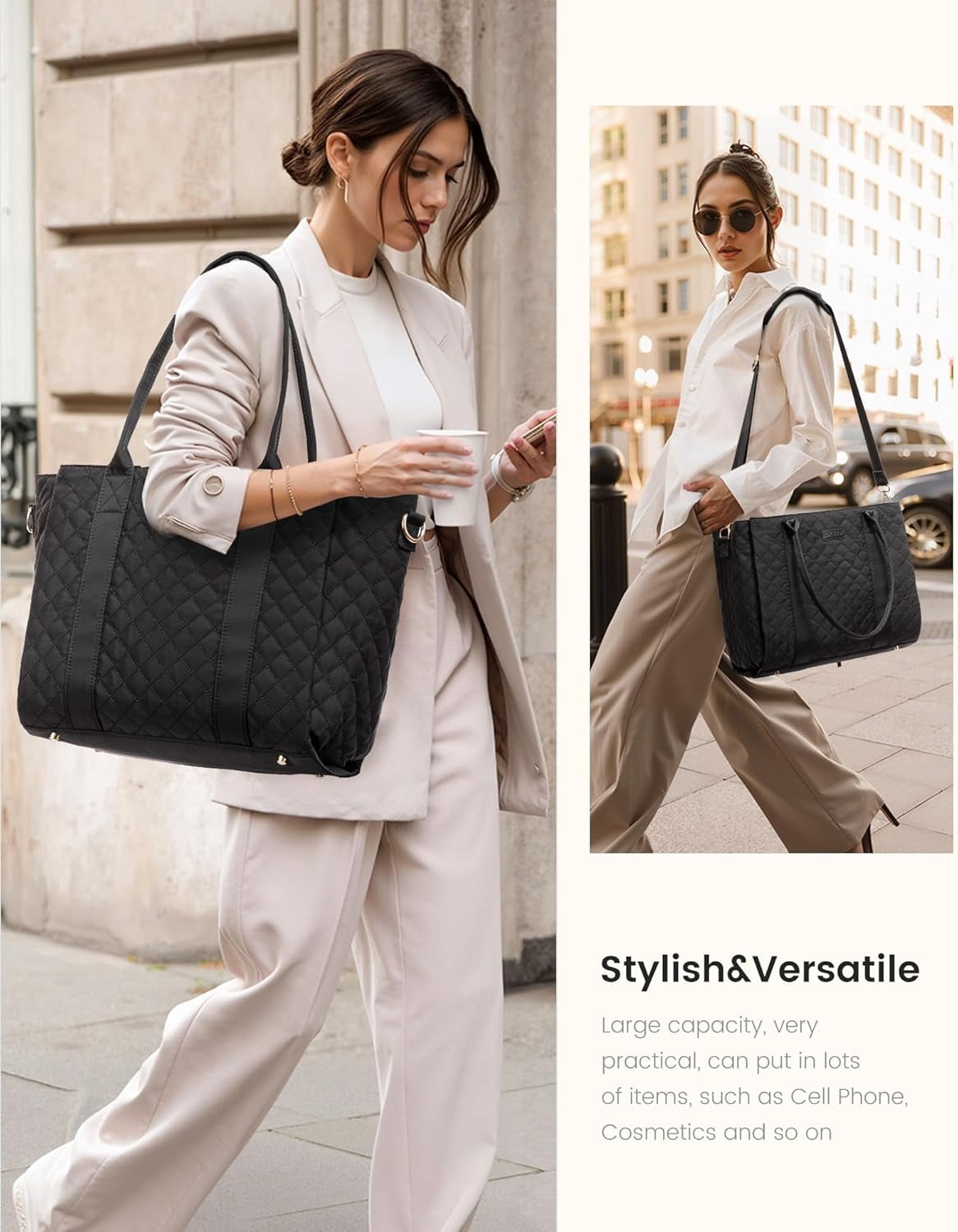 LOVEVOOK Tote Bag For Women, Large Work Tote Laptop Bag, Quilted Computer Shoulder Bags with Zipper for Travel Teacher Nurse
