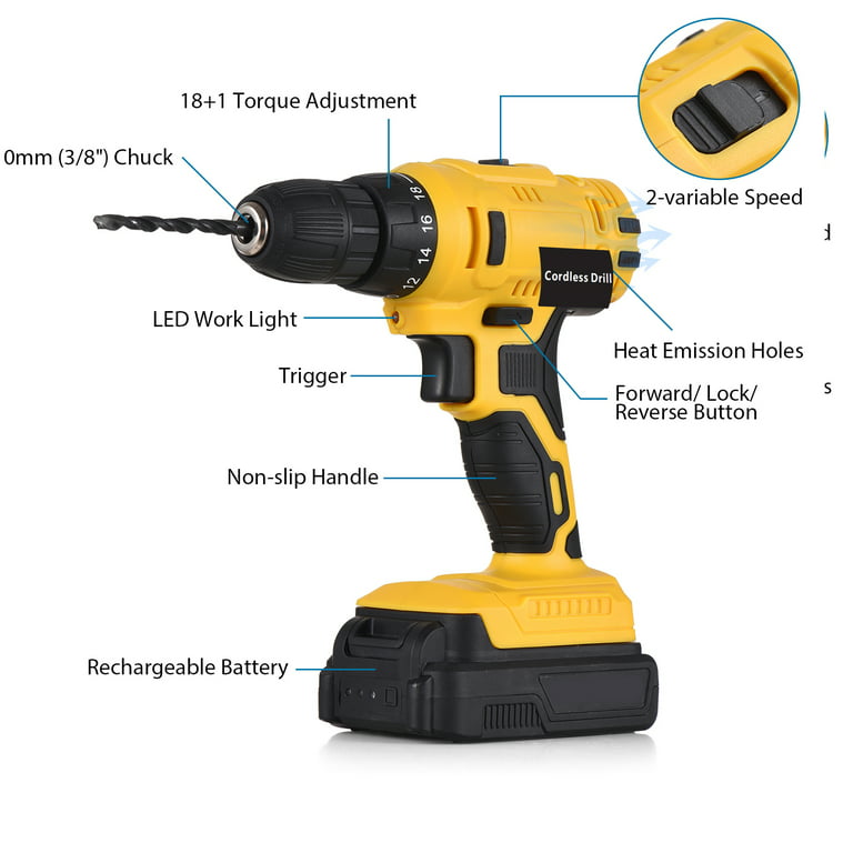 Hilda 12V Cordless Drill with 21 Pcs Drill Set, 1300mAh Lithium-Ion Cordless Electric Screwdriver 3/8 inch with Storage Bag and LED Light, 2 Variable