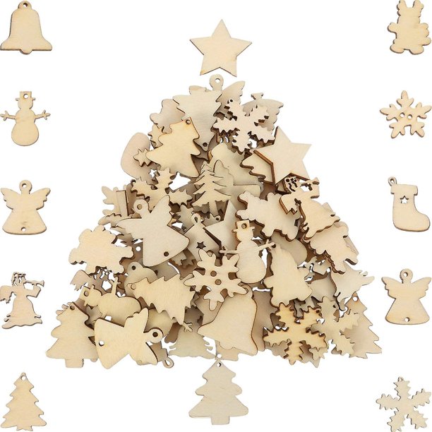 150 piezas de adornos de madera con temática navideña, mini rodajas de madera natural, rodajas de madera decorativas recortadas para adornos de árbol de Navidad colgantes, manualidades de bricolaje Xm