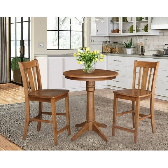 International Concepts 30" Round Solid Wood Pedestal Gathering Height Table with 2 San Remo Counter Height Stools in Distressed Oak