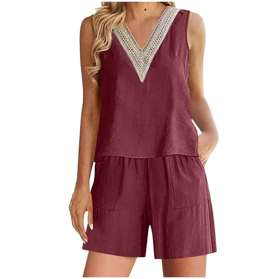 Womens 2 Piece Cotton Linen Outfits Casual V Neck Lace Trim Sleeveless Tank Tops and Wide Leg Shorts Lounge Sets Wine