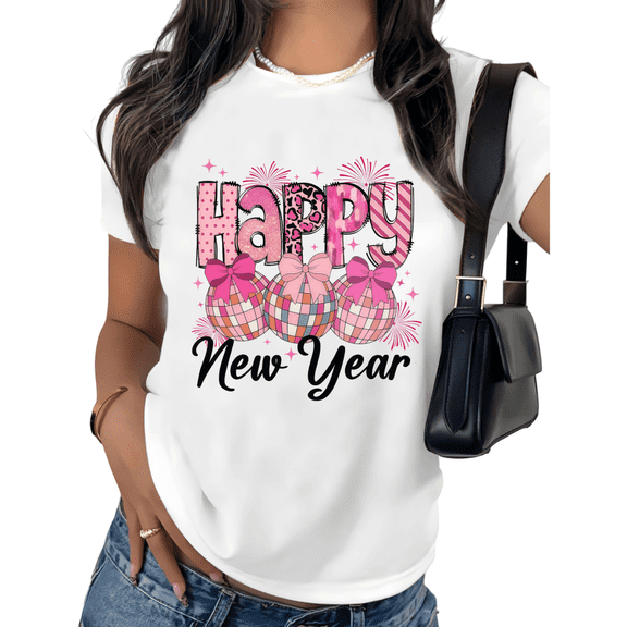 White Print T shirt Graphic Tees Shirts Happy New Year Cute Holiday Party Size S-5XL Tops