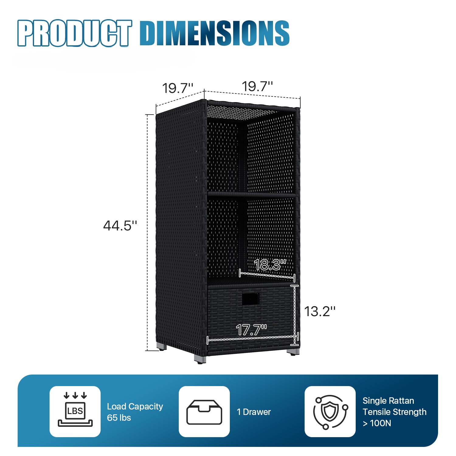 BaPiPro Wicker Poolside Storage Cabinet with Drawer, Outdoor Rattan Pool Towel Organizer for Patio, Backyard, 45" Black