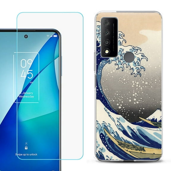 Slim-Fit Gel TPU Phone Case for TCL 4X 5G, with Tempered Glass Screen Protector, by OneToughShield ® - Great Wave