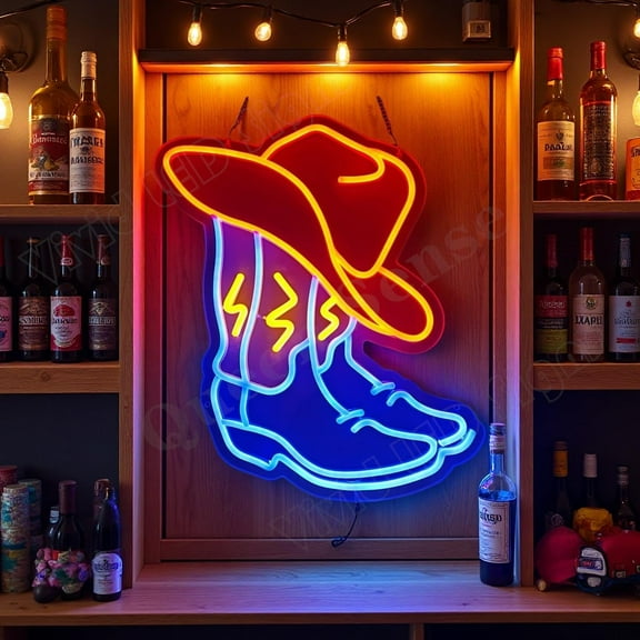 Queen Sense 16"x14" Cowboy Boot Hat LED Neon Sign for Wall Decor Dimmable USB Powered LED Light W116CBBHV2-5VLED