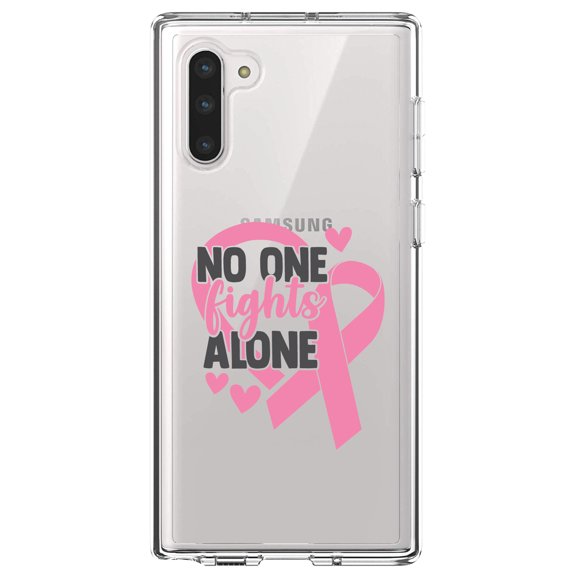 DistinctInk Clear Shockproof Hybrid Case for Samsung Galaxy Note 10 (6.3" Screen) - TPU Bumper Acrylic Back Tempered Glass Screen Protector - Pink Ribbon Cancer - No One Fights Alone