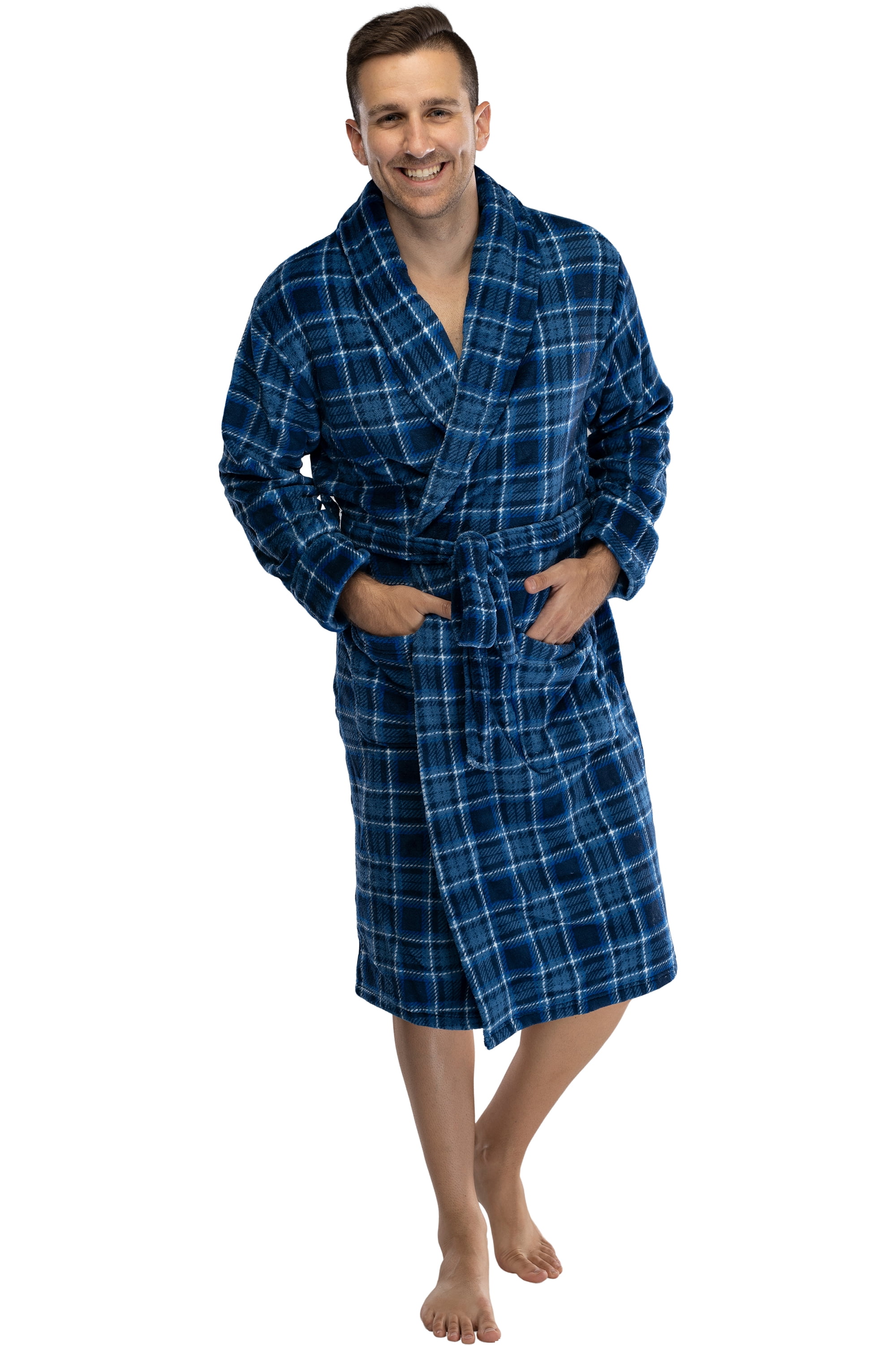 Mens Plush Green & Blue Plaid Fleece Robe House Coat Bathrobe Small/Medium 