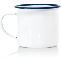 Red Co. Set of 6 Enamelware Metal Medium Classic 12 Oz Round Coffee and Tea Mug with Handle, Solid White/Navy Blue Rim