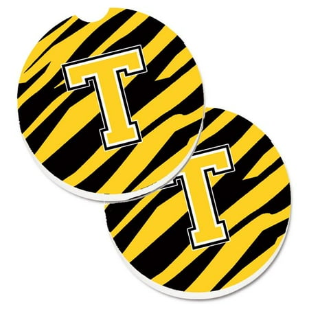 

Monogram Initial T Tiger Stripe Black & Gold Set of 2 Cup Holder Car Coaster