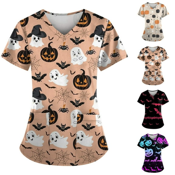WonderWiz Women Halloween Scrub Tops,Funny Halloween Scrub Tops for Women V Neck Short Sleeve Stretch Nurse Uniform Great Gift for Healthcare Workers,Hot Pink M
