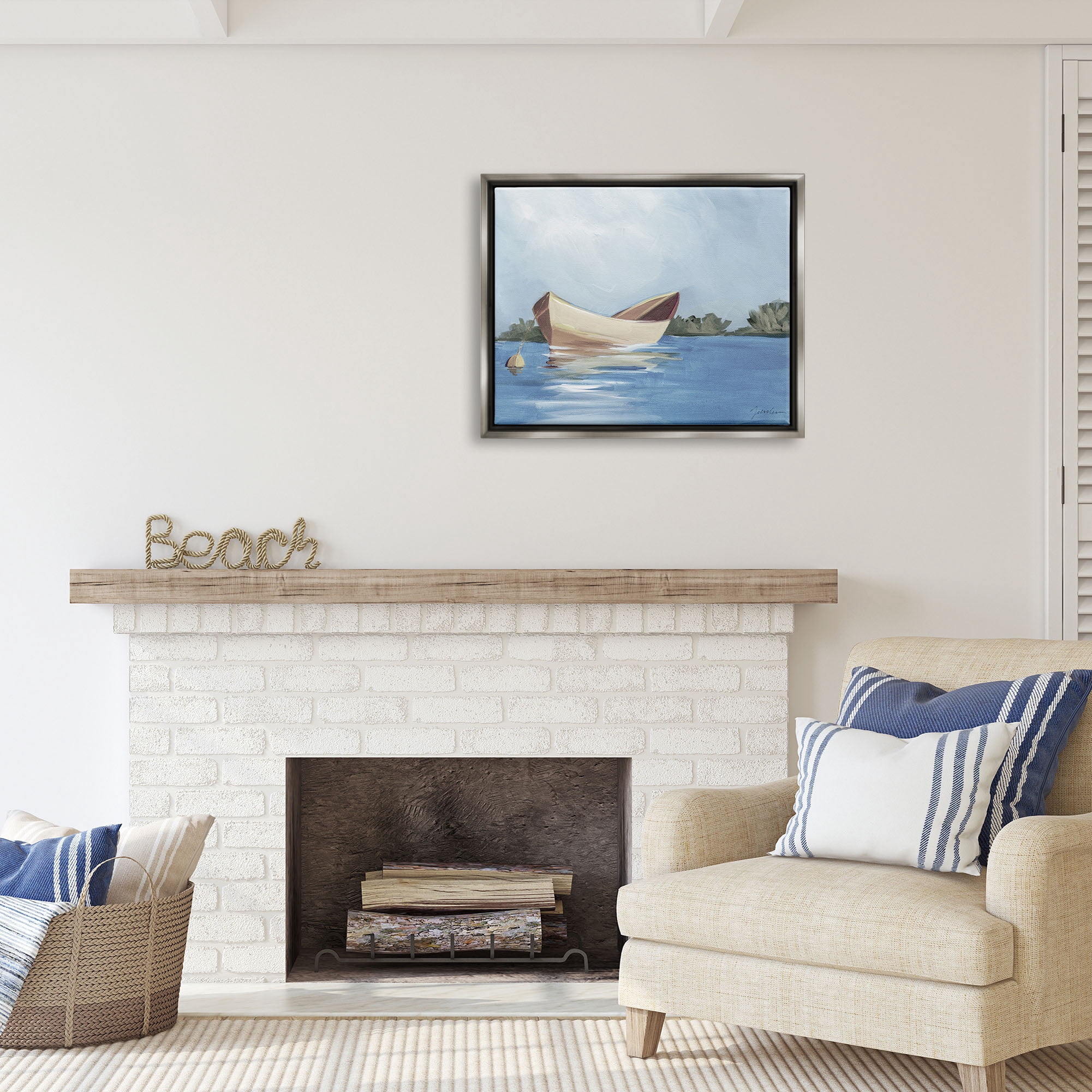 Stupell Industries Boat Floating on Lake Transportation Painting Gray Floater Framed Art Print Wall Art, 31 x 25