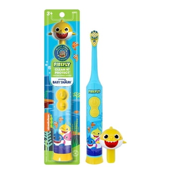 Firefly Clean N' Protect, Baby Shark Toothbrush with 3D Antibacterial Character Cover, Soft Compact Brush Head, Anti-slip Grip Handle, Battery Included, Ages 3+, 1 Count