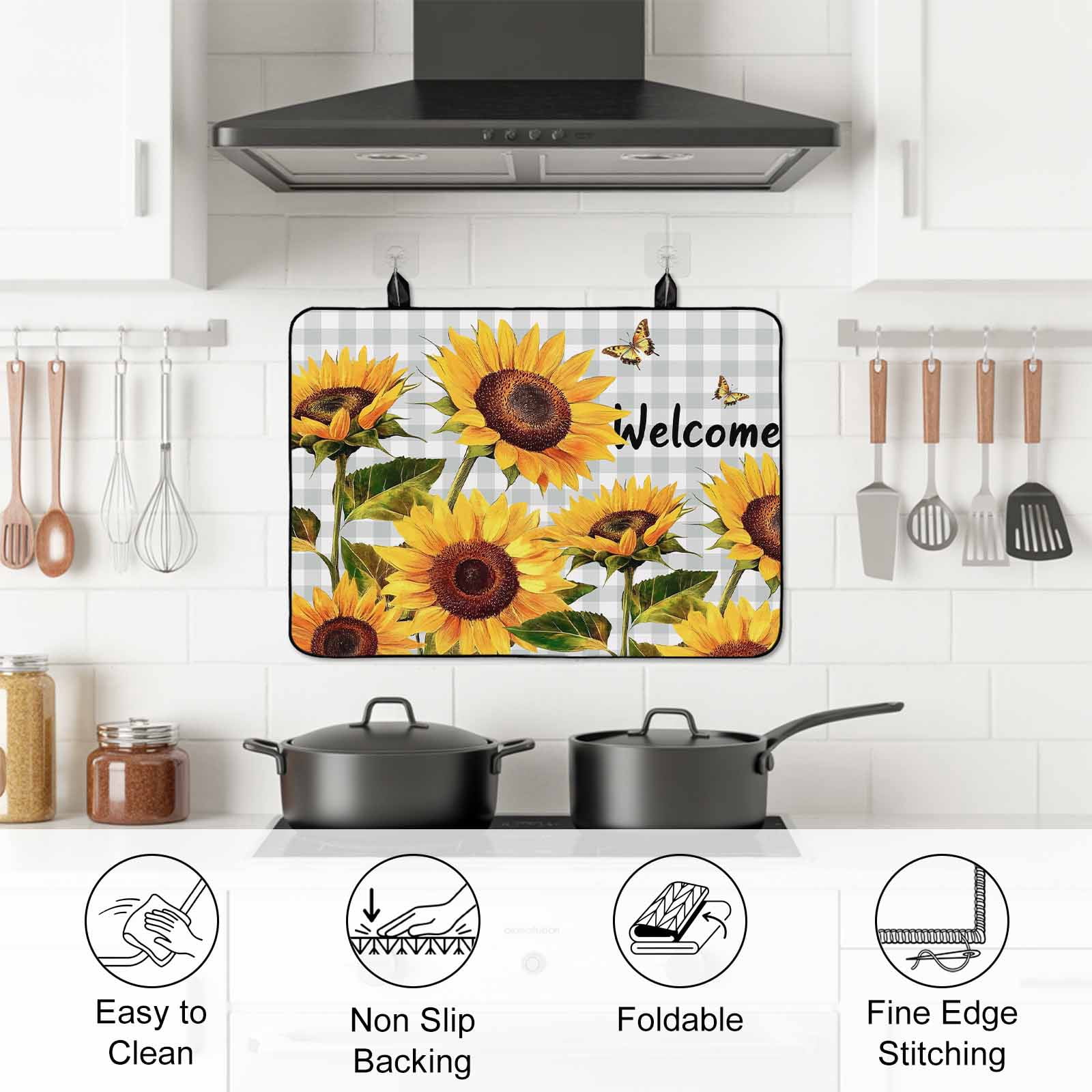 Yellow Sunflower Stove Top Cover for Electric Stove, Heat-proof & Non Slip Glass Top Stove Cover Protector, Butterfly Grey Buffalo Plaid Spring Kitchen Flat Cooktop Rubber Mat 24x21 Inches