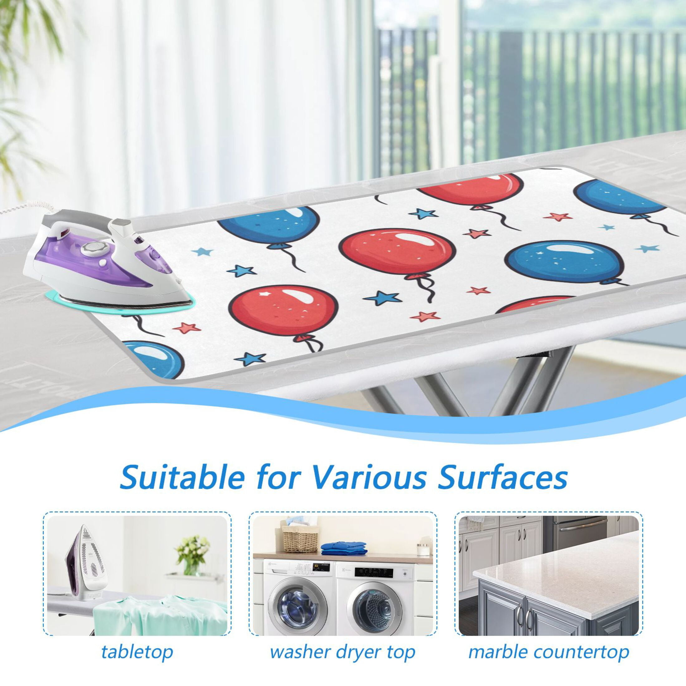 Cartoon Balloons and Stars July 4th Ironing Mat Blanket Portable Travel Ironing Pad Heat Resistant Pad 47.2" x 27.6”