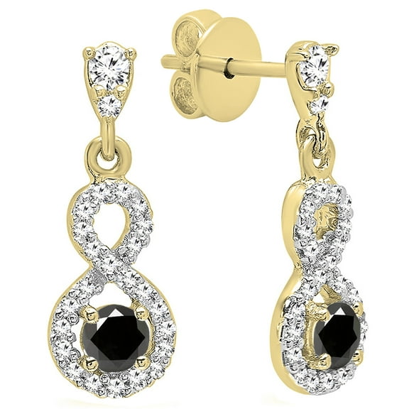 Dazzlingrock Collection 3mm Round Black & White Diamond Infinity Swirl Pushback Dangling Drop Earrings for Women in 18K Yellow Gold