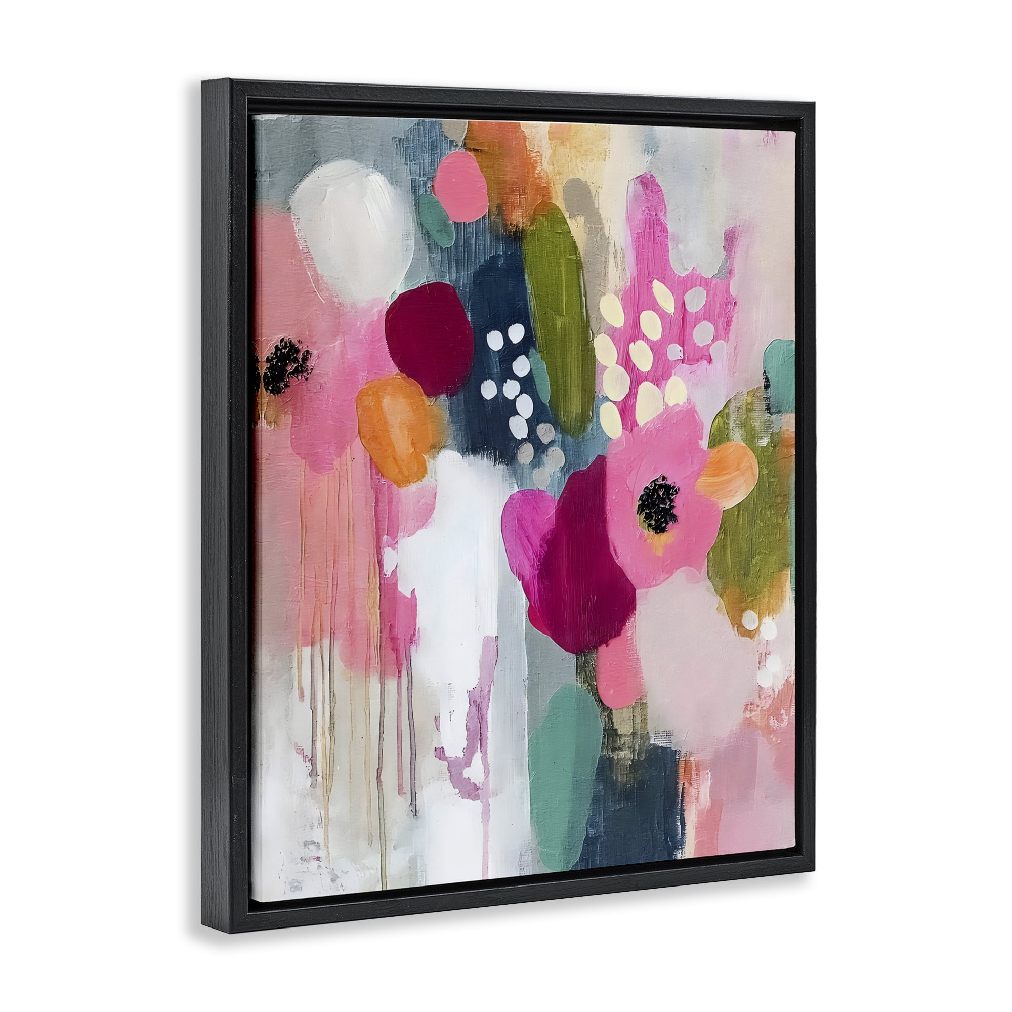 Stupell Industries Paint Drip Blooms Cascade Black Framed Floater Canvas Wall Art, design by Riley B