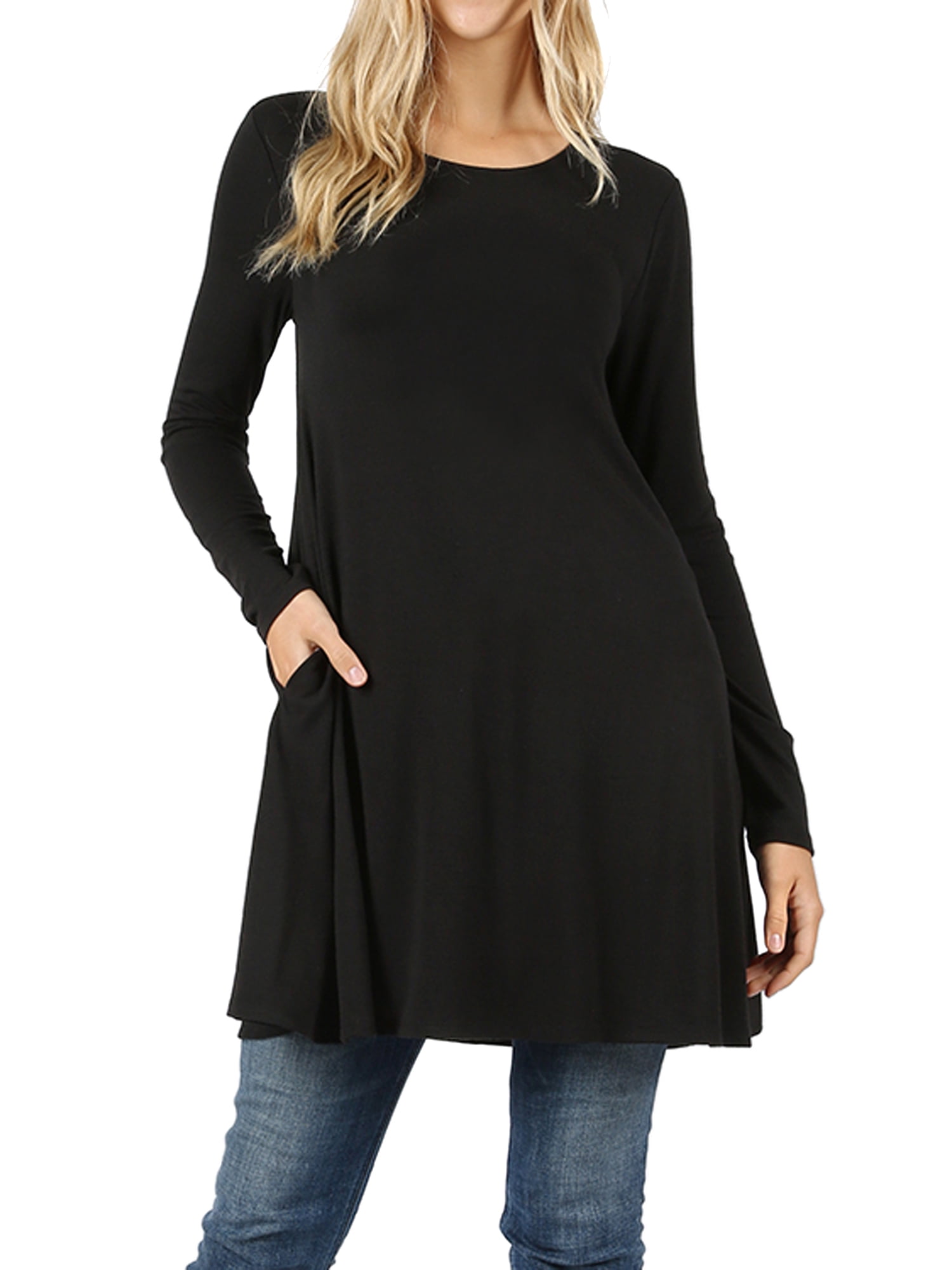 Women Round Neck Long or 3/4 Sleeve Flattering Comfy Swing Tunic Loose