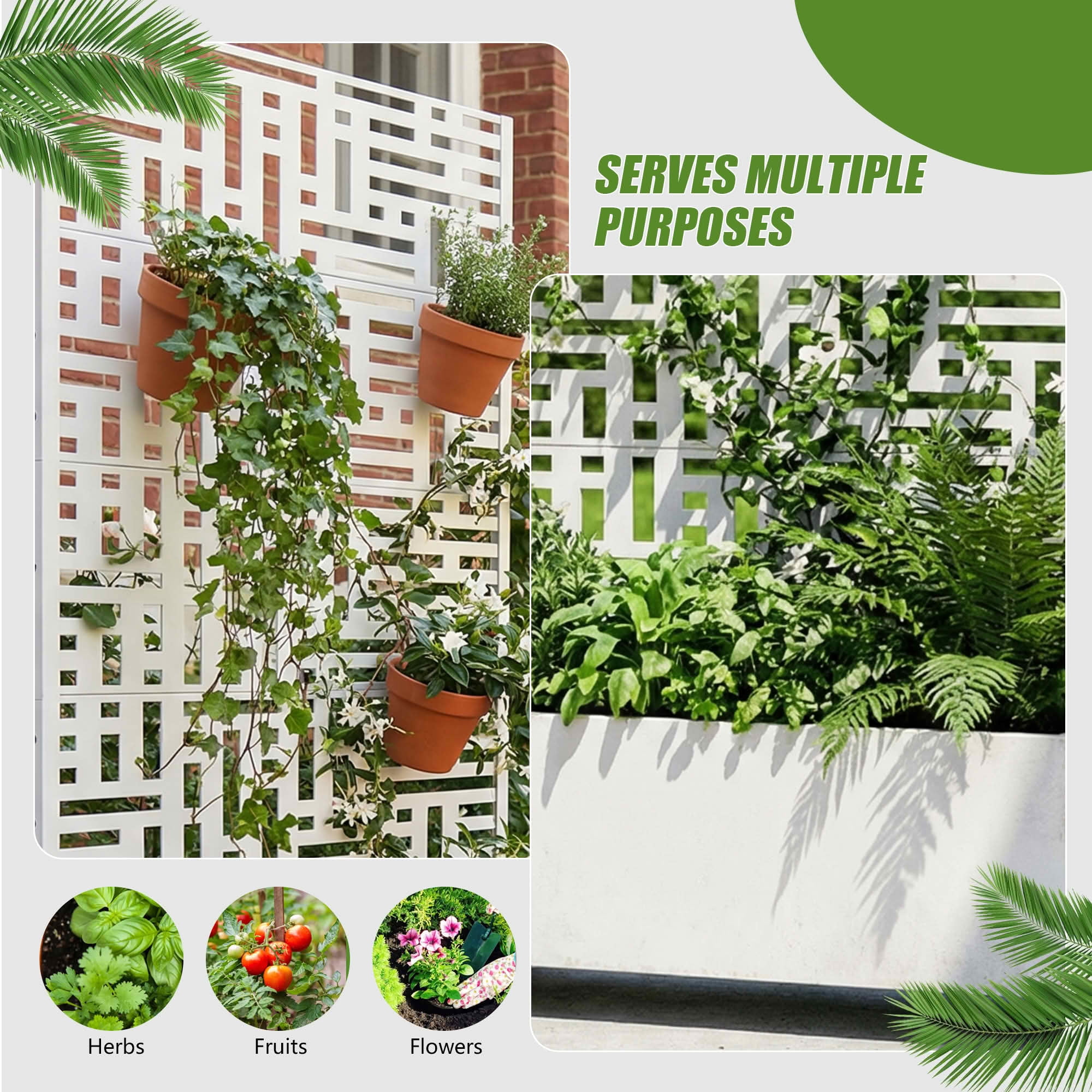 MAYEERTY 72X35" Metal Outdoor White Privacy Screen with Planter Box for Backyard & Garden, 5 Piece Set