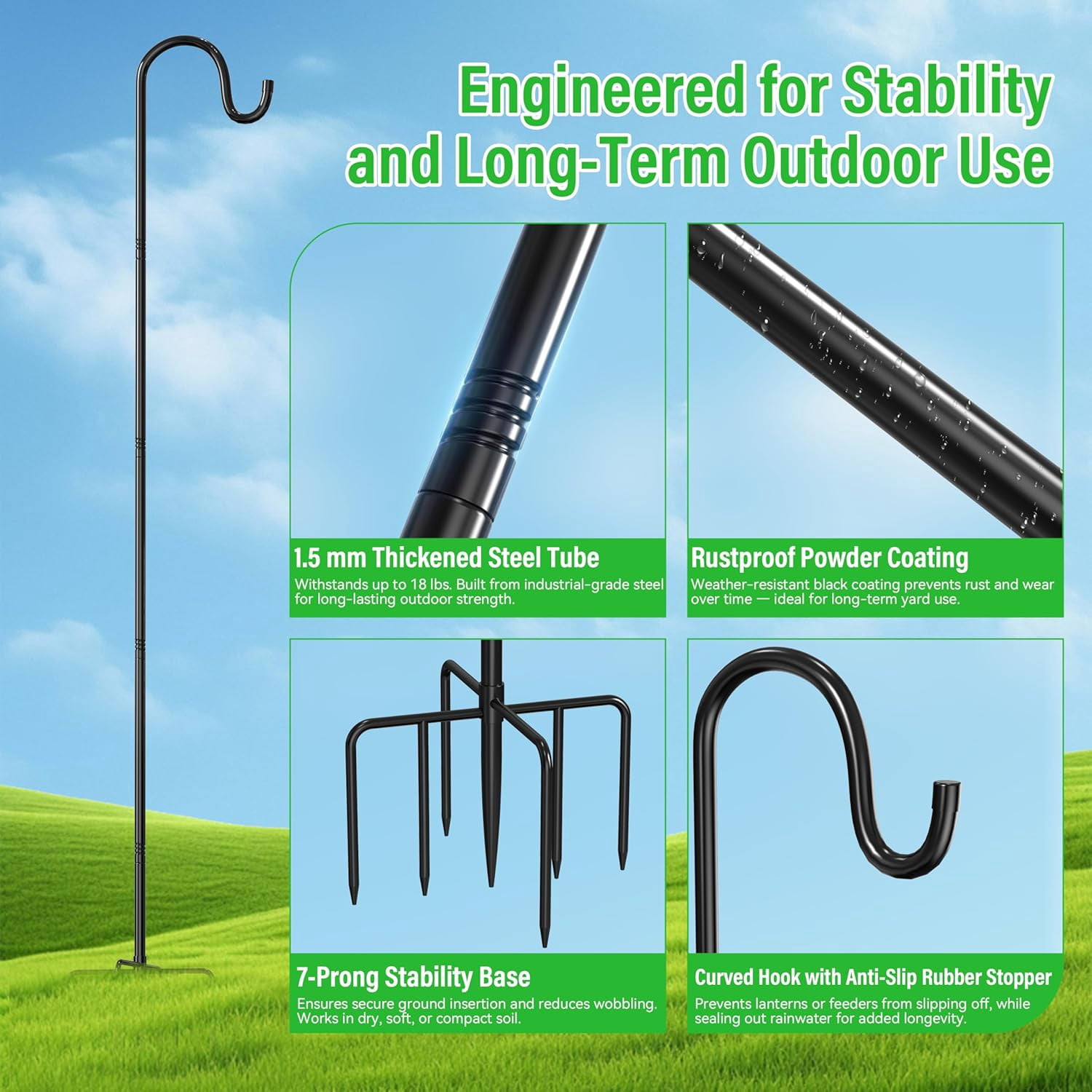 48″ Adjustable Shepherd Hook for Outdoor, Heavy Duty Bird Feeder Pole with 7-Prong Base, Metal Garden Hanging Lanterns Solar Lights String Plants Wind Chimes Hummingbird Feeder（1‑Pack）