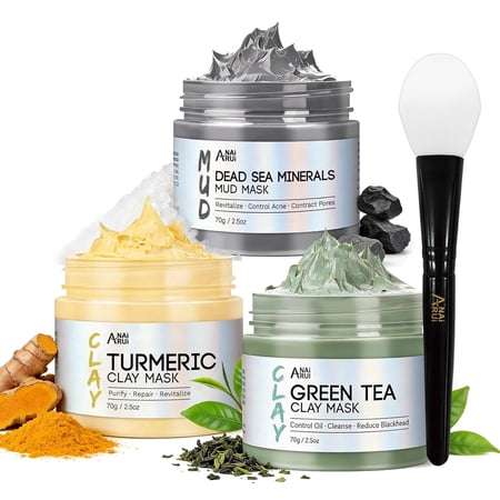 ANAiRUi Turmeric, Green Tea & Dead Sea Minerals Mud Mask Set, Spa Facial Care Gift, 2.5 oz Each