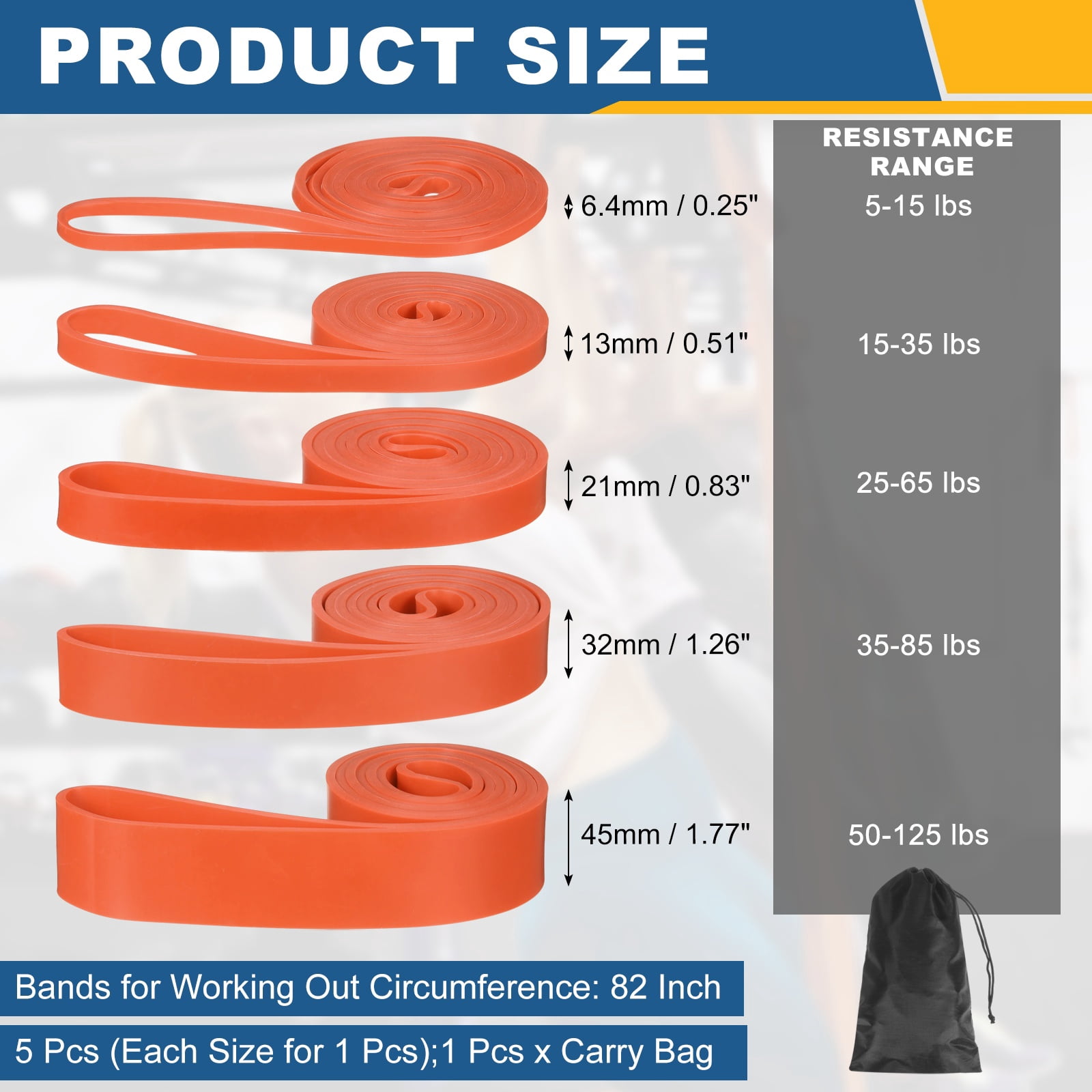 Uxcell Resistance Bands for Working Out, 5 Levels Pull Up Assistance Bands with Carry Bag 5 Pcs & Orange -Fitting for (Home/Gym)