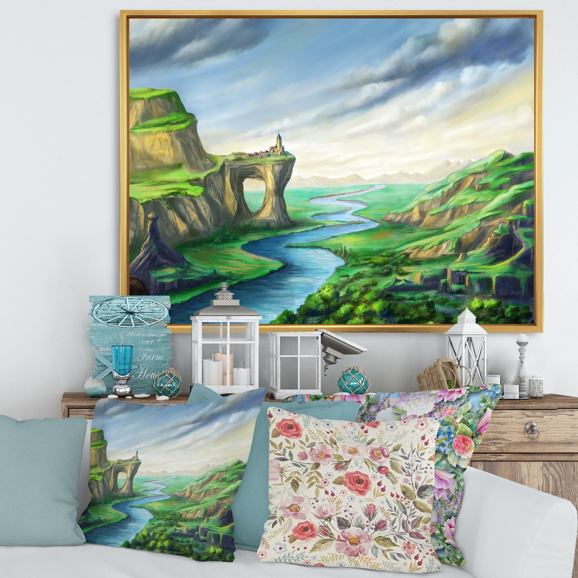 Designart 'Meandering River With Blue Fantasy Landscape' Lake House Framed Canvas Wall Art Print