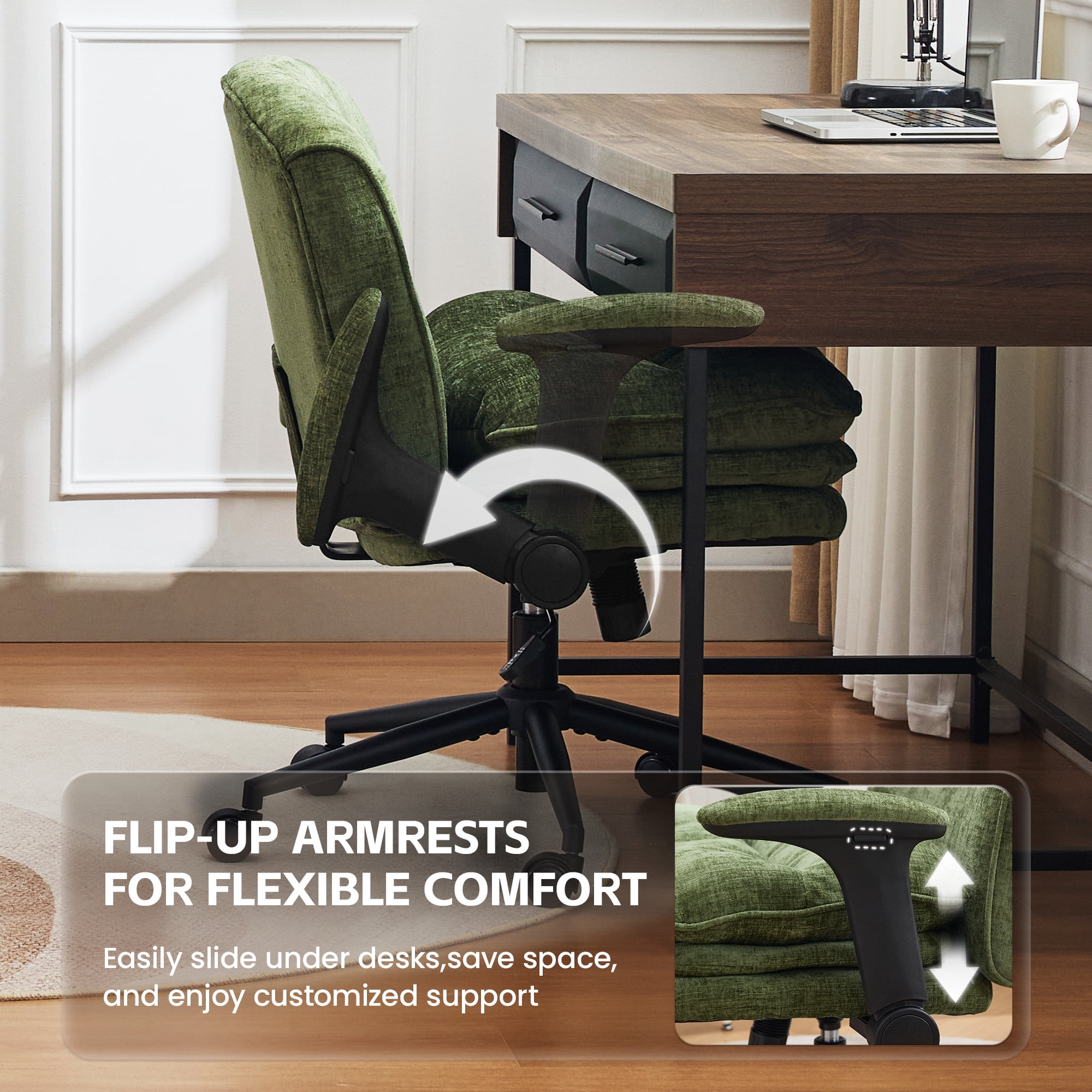 DOMICARE Criss Cross Chair with Flip-Up Arms, Wide Cross-Legged Office Chair with Wheels, Swivel Vanity Desk Chair, Green Chenille