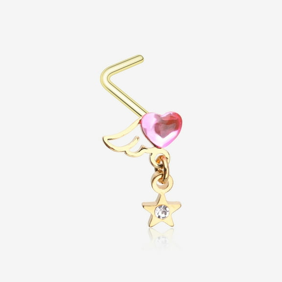 BM25 Golden Angel Heart Sparkle Star Dangle L-Shaped Nose Ring-Pink/Clear Gem