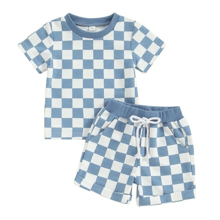 

WERNZATT Baby Boys Girls 2 Piece Checkerboard Outfits Toddler Summer Round Neck Short Sleeve Plaid Tops+Elastic Waist Shorts Set