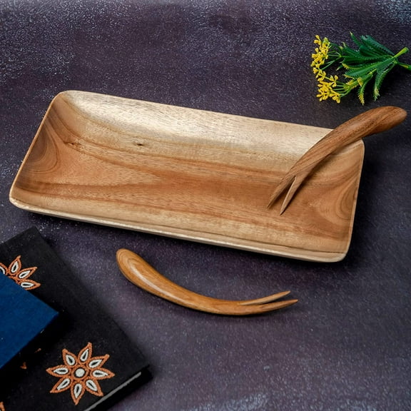 India Meets India Handmade Wooden Serving Tray w/ 2 Picks, w/ Brown Color Serving Tray for Snacks/Dry Fruits/Candy/Hot & Cold Beverages Serveware Tray, Acacia Wooden Tray w/ Picks, 10 x 5.5 x 1 INCHES