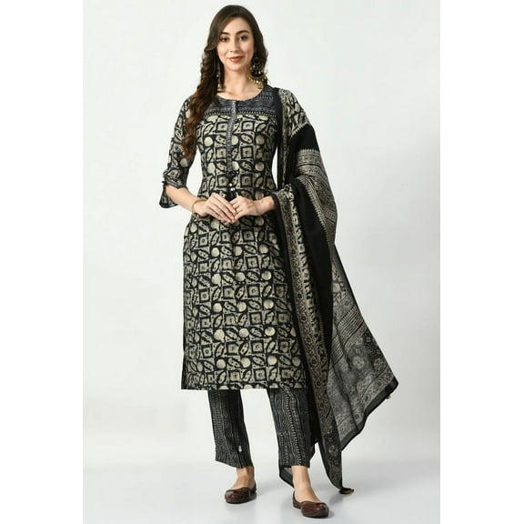 S MAJIDA Kurta Set for Women Geometric Polyster Blend Kurta Pant Dupatta with 3/4 Sleeve