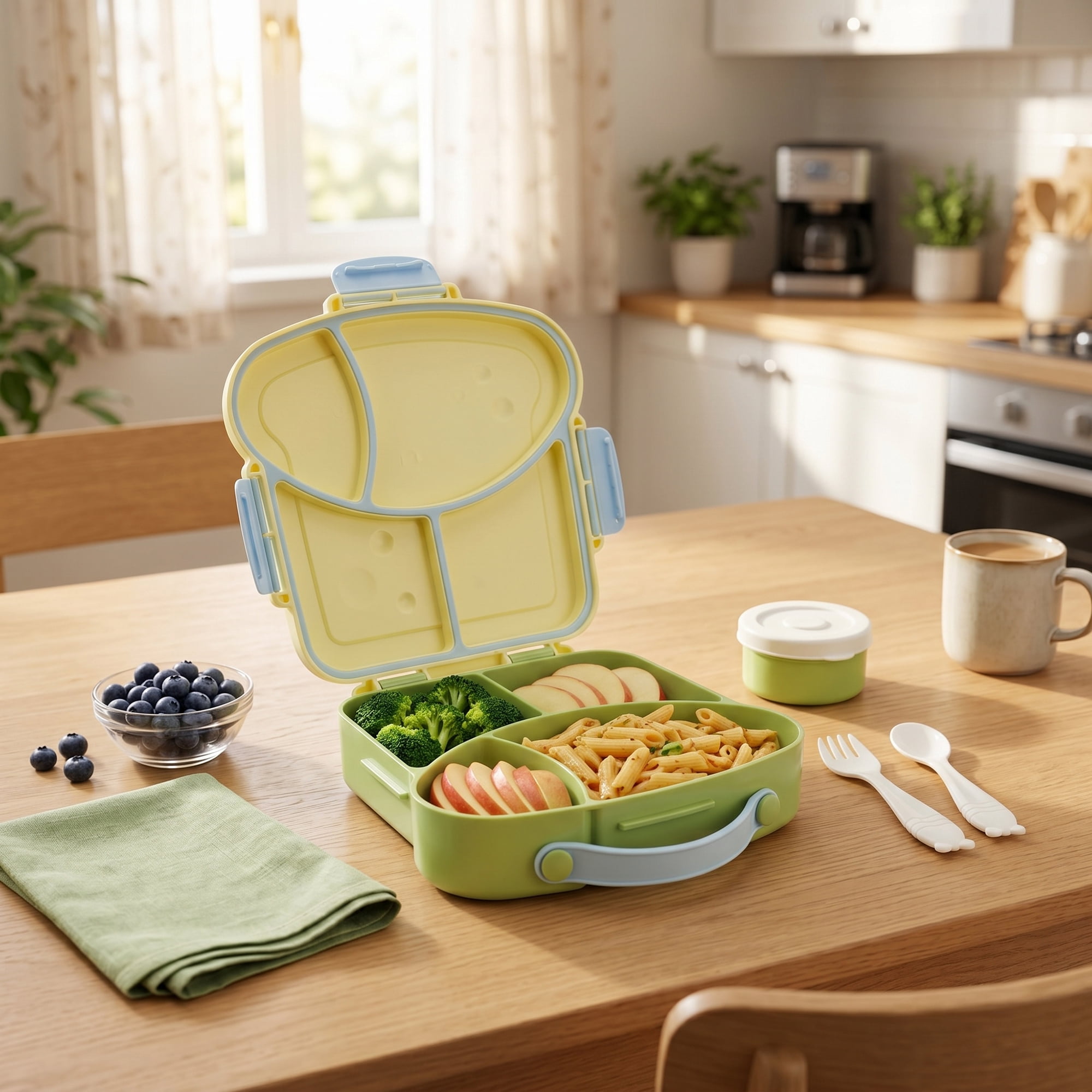 Unique Bargains 4-Compartment Meal Lunch Bento Box with Matching Cutlery Green
