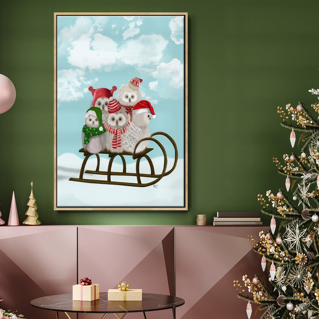 Christmas Christmas Owl Sled - Framed Gallery Wrapped Holiday Canvas - 25 x 37 - Natural Wood Frame