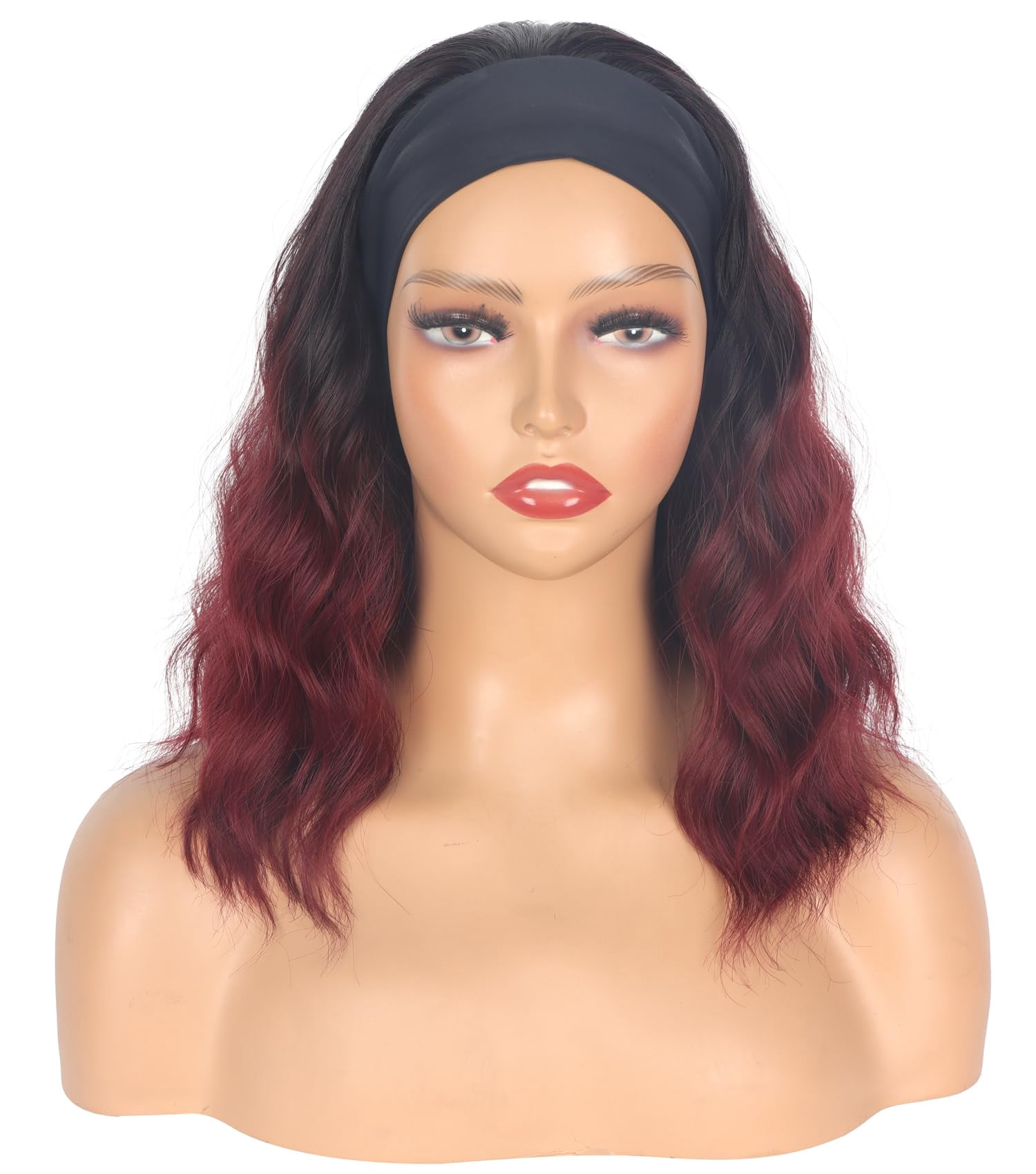 Black Headband Wigs With Brown Highlights For Women 14 Inch Wavy Heat Resistant Synthetic Soft Light Natural Looking Hair Replacement Wigs