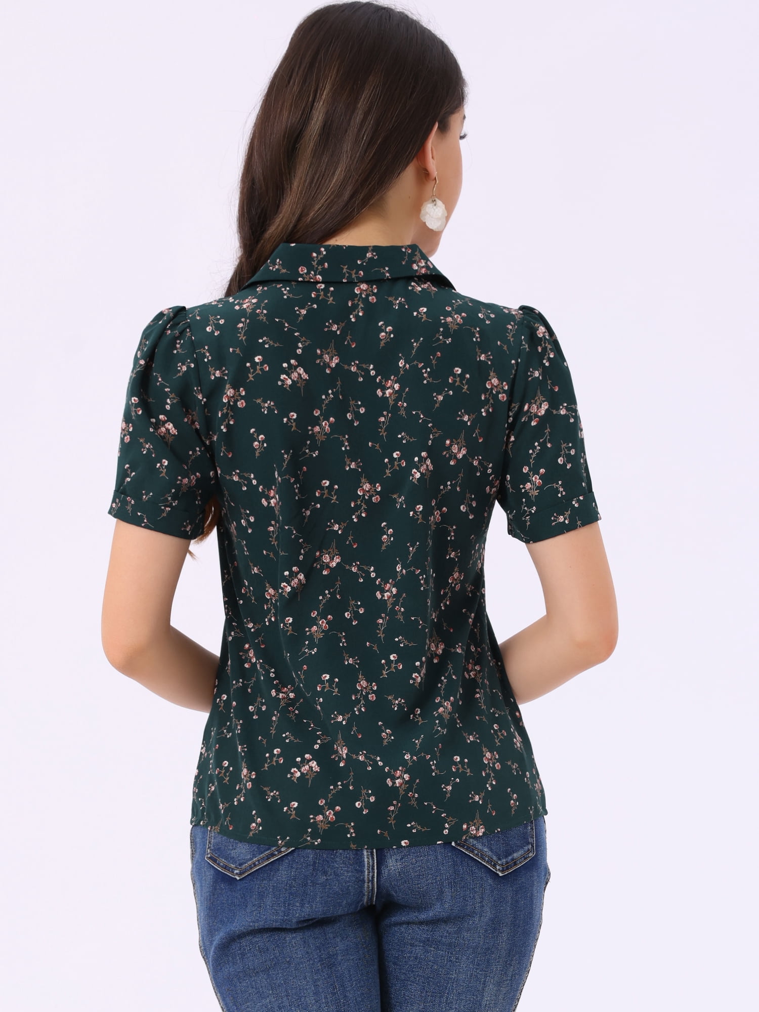 DARING DIVA Women's Floral Short Sleeve V Neck Blouses M Dark Green