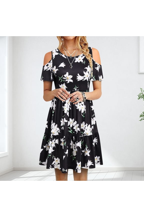 Women Casual Fashion Short Sleeve Off Shoulder Ruffle Dress Lightweight Swing Short Mini Dress