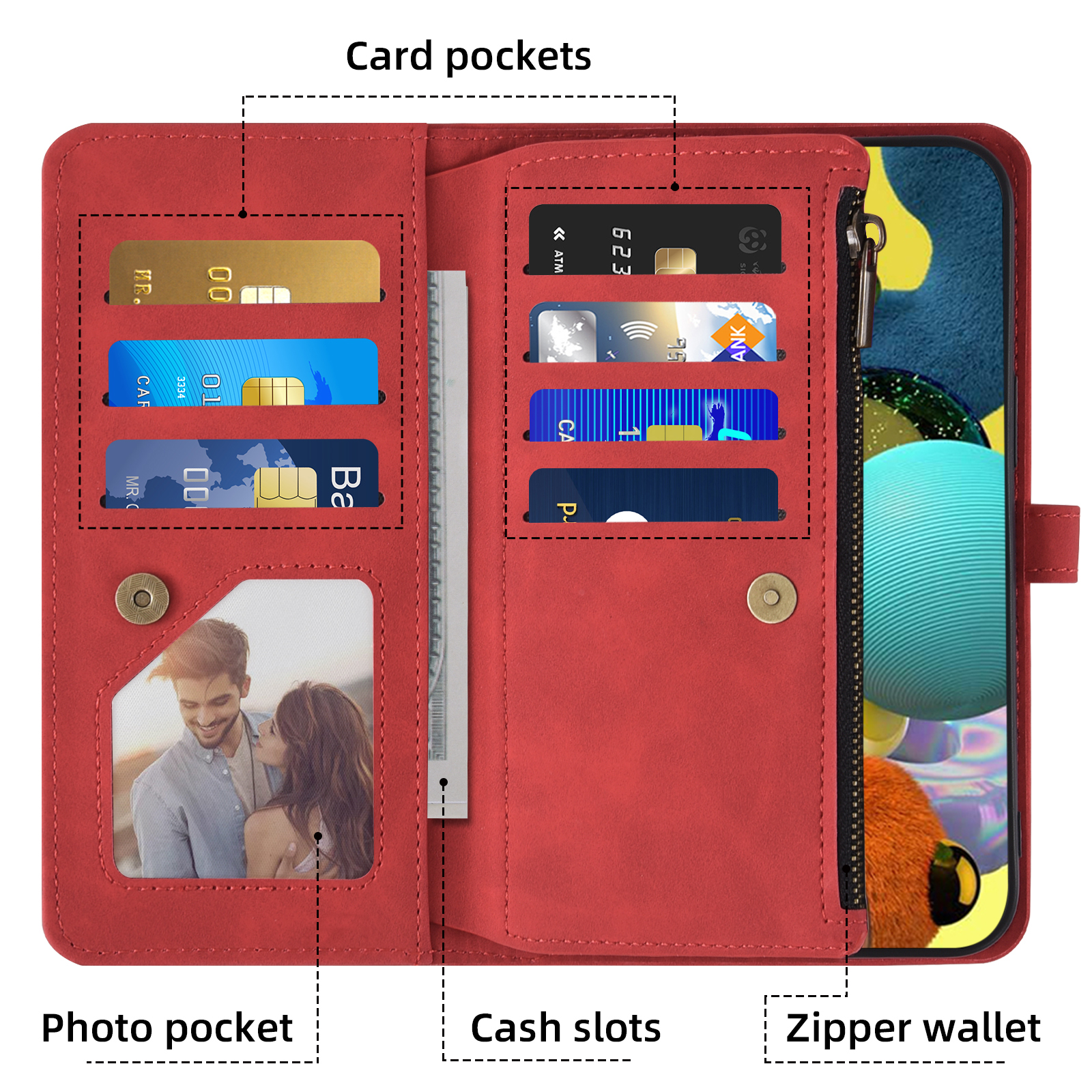 Asuwish Phone Case for Samsung Galaxy A51 4G Wallet Cover With Tempered Glass Screen Protector Crossbody Wrist Strap Flip Pattern Zipper Credit Card Holder Cell A 51 M40S 51A A515F S51 Women Men Red