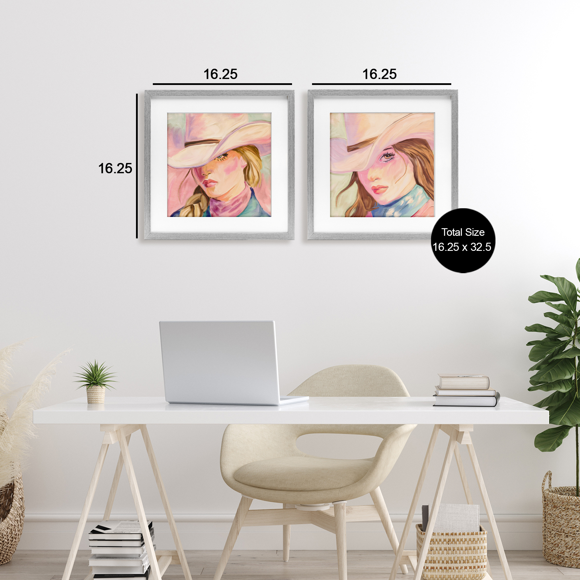 Pastel Cowgirls Gazing 2 Piece Gray Framed Print Under Glass Set, design by Kim Allen